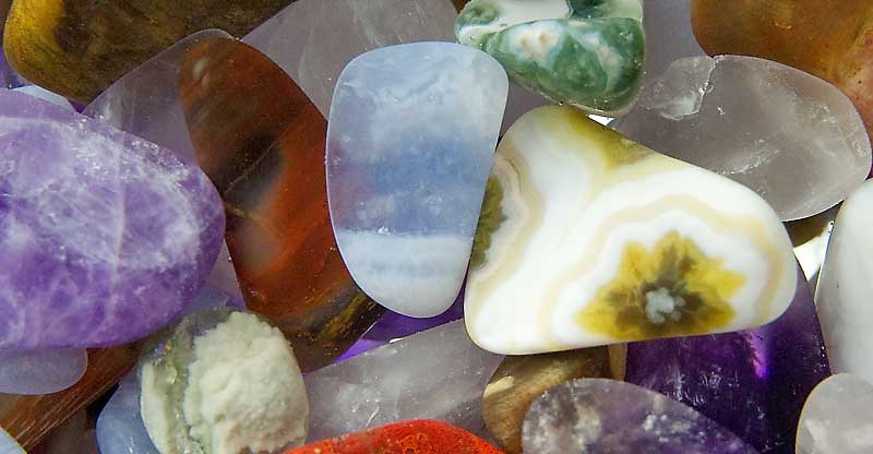 gemstones: amethyst, rose quartz, chalcedony, petrified wood, and ocean jasper