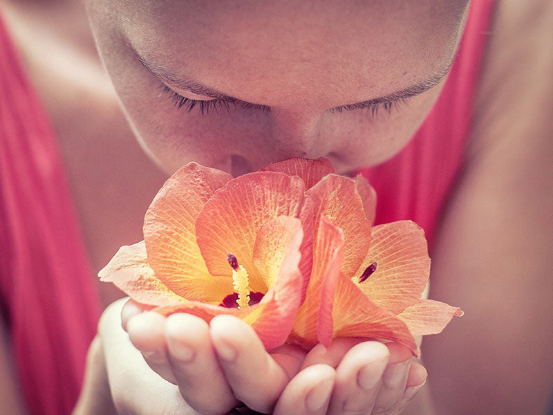 woman smelling orange flowers cupped in her hand