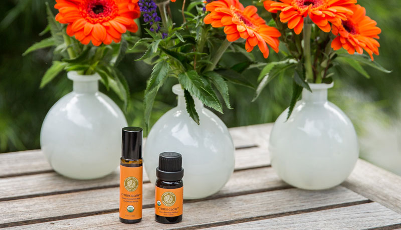 citrus glow roll-on and undiluted bottle sitting on a wooden table with flower vases containing orange daisies in the background