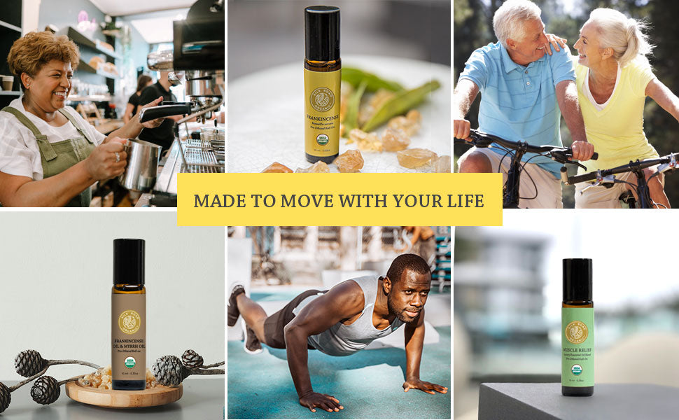 happy people collage working biking exercising essential oils for pain relief frankincense myrrh muscle relief blend