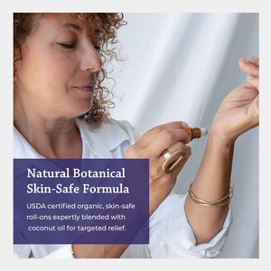 A woman in a white blouse applies a skin-safe roll-on formula from a small dropper bottle to her wrist. A purple text box on the left reads, 'Natural Botanical Skin-Safe Formula' and describes USDA-certified organic roll-ons blended with coconut oil for targeted relief.