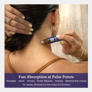 A person applying  an essential oil rollerball on their neck, with a text overlay at the bottom detailing application points.