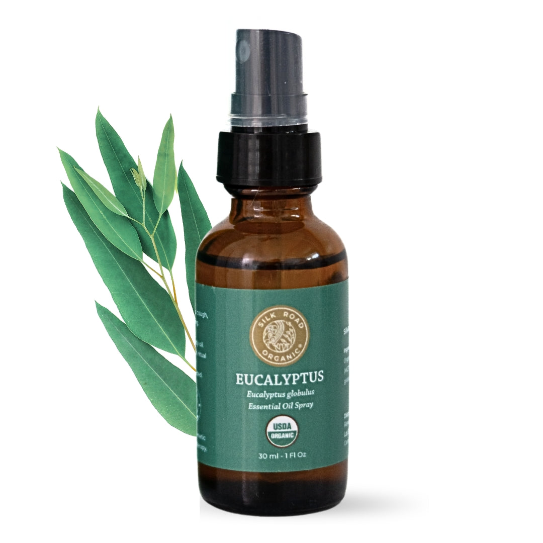 Bottle of eucalyptus essential oil spray with green leaves on a white background