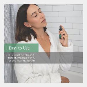 Woman in a white robe holding a spray bottle with text about its ease of use.