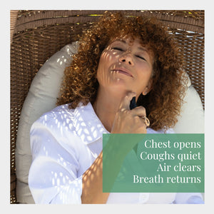 Woman sitting in a wicker chair with a text overlay about breathing techniques.