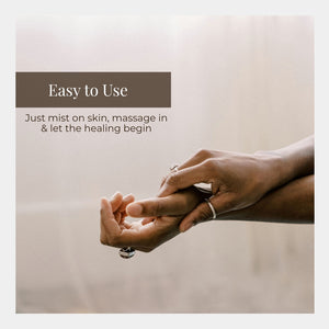 Hands applying a product with text about ease of use on a beige background