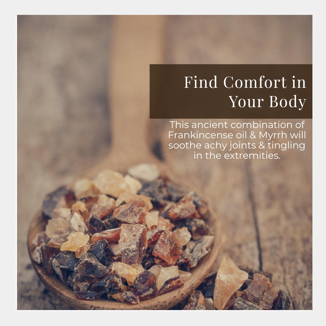 Bottle of frankincense and myrrh oil with frankincense resin on a white background