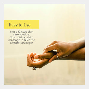 Hands applying a product with text about easy-to-use skin care routine on a light background