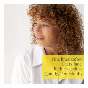 Woman with curly hair wearing a white shirt on a light background with text overlay.