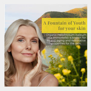 Woman with clear skin in a natural setting with flowers and text about organic helichrysum italicum.