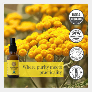 Bottle of Helichrysum with yellow flowers and USDA Organic and Non-GMO labels.
