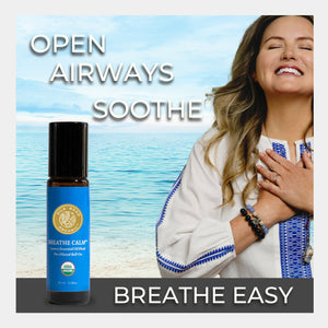 Blue essential oil bottle with a woman smiling against a beach background, promoting 'Open Airways', 'Soothe', and 'Breathe Easy'. aromatherapy therapy relax deep breathing clear sinus lung congestion break up mucus