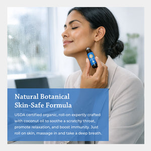 natural botanical skin safe formula USDA certified organic roll on expertly crafted with coconut oil to soothe a scratcht throat promote relaxation and boost immunity just roll on skin massage in and take a deep breath
