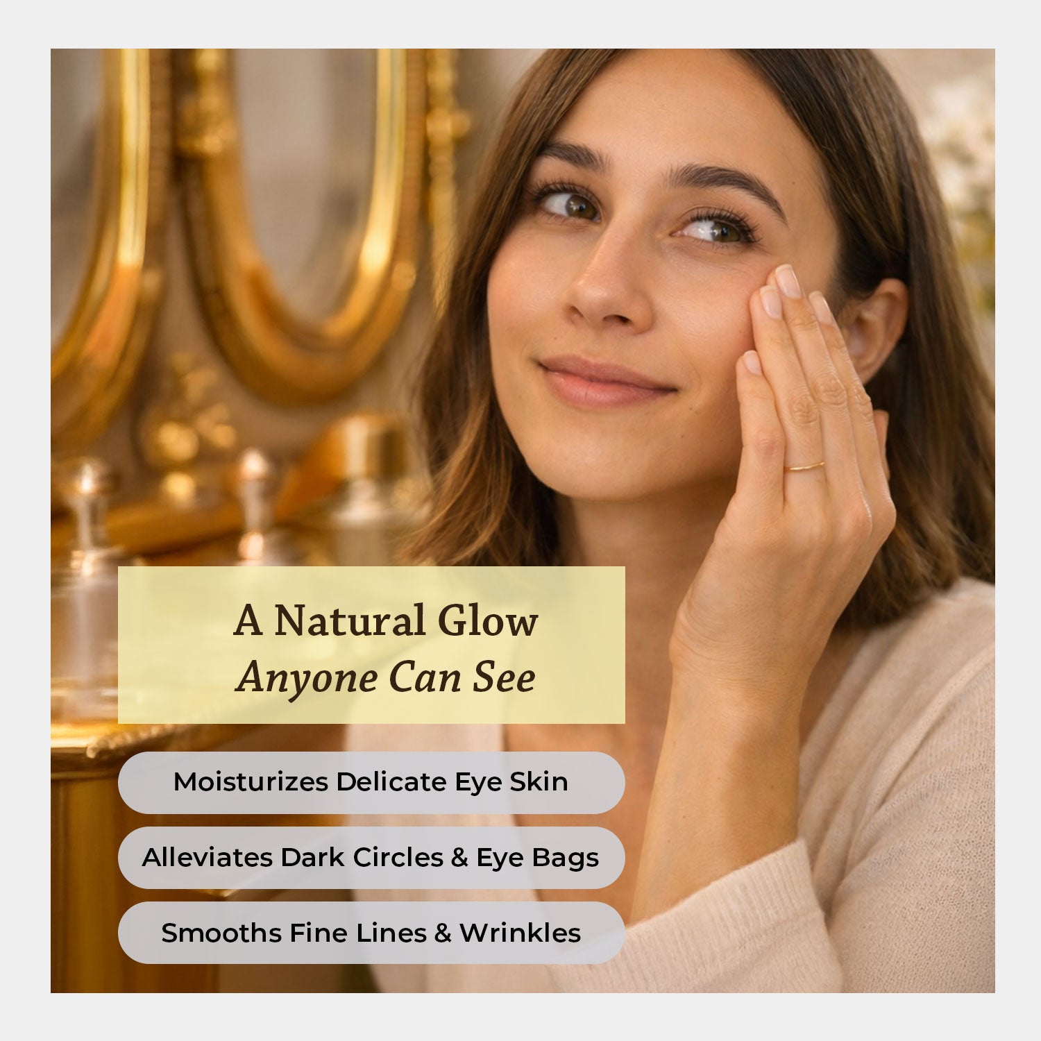 Alleviates the appearance of eye bags, dark circles & crow’s feet Moisturizes delicate eye skin Smooths fine lines & wrinkles