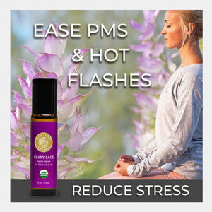 Roll-on bottle of Clary Sage essential oil with a woman meditating and text about PMS, hot flashes, and reducing stress. usage soothing abdominal massage alleviate stress bloat calm clarity balance well-being