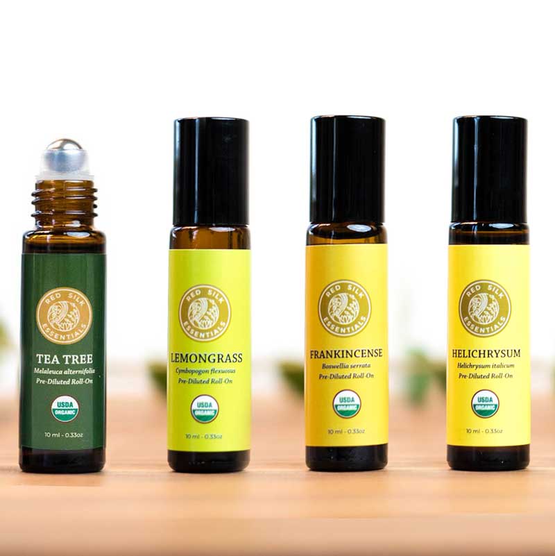 essential oils for skin and hair care pre-diluted essential oil roll-ons tea tree, lemongrass, frankincense and helichrysum