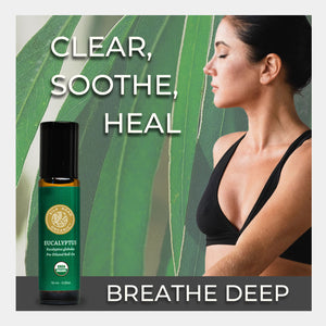 Green bottle with eucalyptus oil and woman in black bra against green leaves, text 'Clear, Soothe, Heal' and 'Breathe Deep'. uses external aromatherapy break up mucus heal pain wound burn cut abrasion sore scrape
