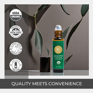 Eucalyptus essential oil bottle with green label and USDA Organic certification on a neutral background, quality roller pre-diluted coconut carrier oil natural versatile soothe inflammation