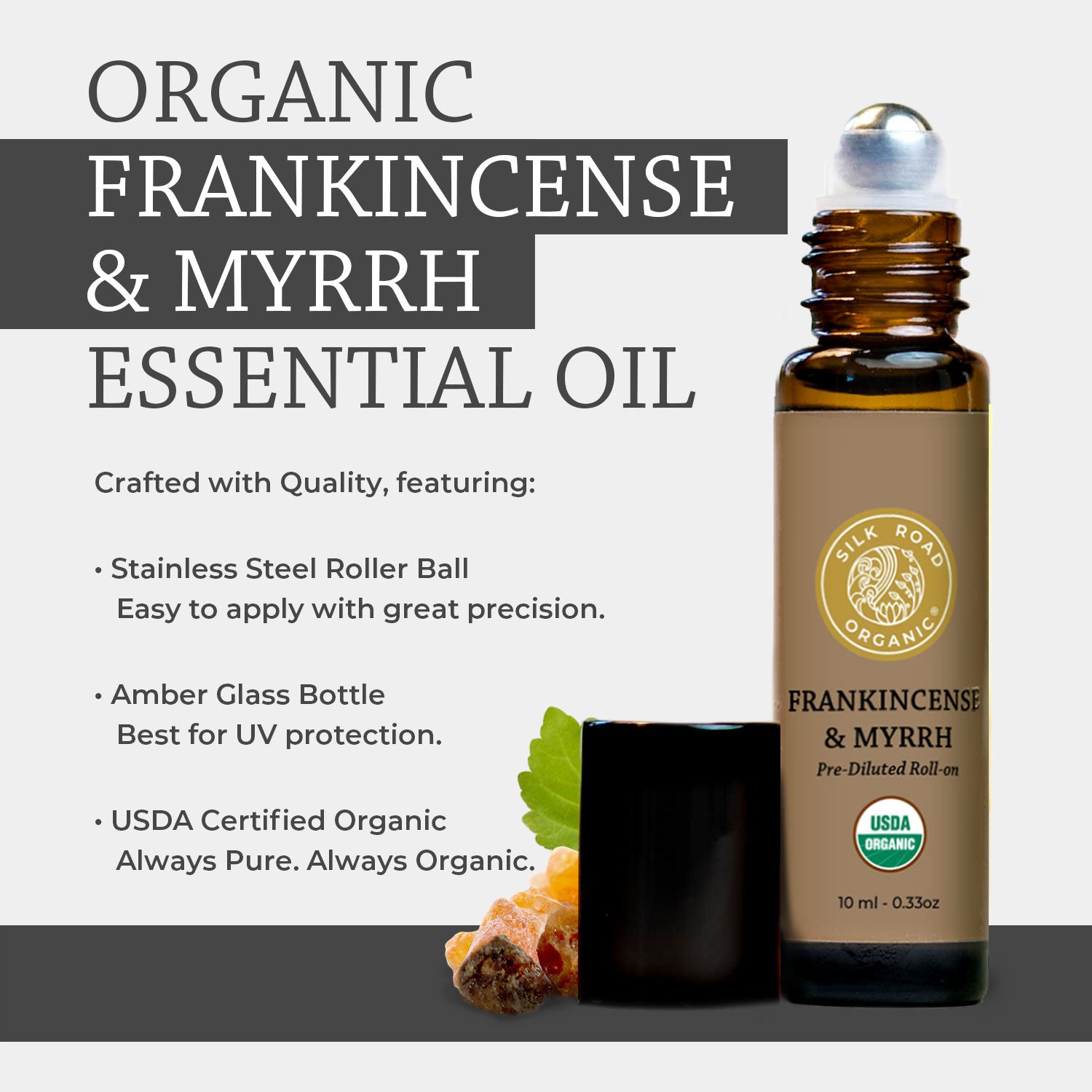 USDA Organic FRANKINCENSE &amp; MYRRH Essential Oil Roll-on - Silk 
