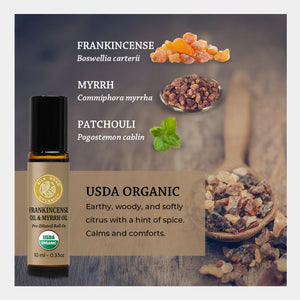 USDA organic frankicense boswellia carterii, Myrrh commiphora myrrha Patchouli pogostemon cablin earthy woody and softly citrus with a hint of spice. calms & comforts