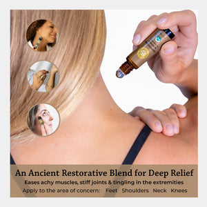 an ancient restorative blend for deep relief eases achy muscles stiff joins & tingling in the extremities apply to the area of concern feet shoulders neck knees