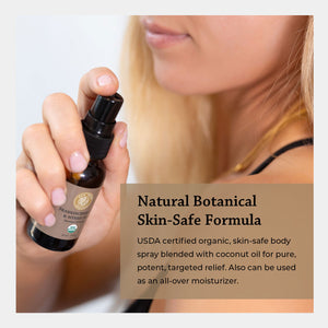USDA certified organic skin safe body spray blended with coconut oil for pure potent targeted relief also can be used as an all over moisturizer