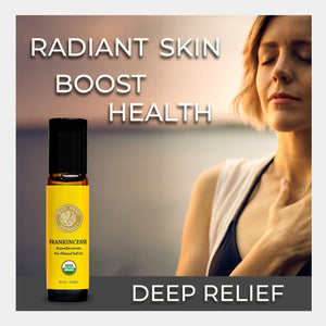 Frankincense essential oil bottle with a woman by a lake, text 'Radiant Skin Boost Health' and 'Deep Relief'. use aromatherapy meditative calm anti wrinkle astringent smooth fine lines