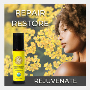 Yellow bottle with black cap against a background of yellow flowers and a woman's face. Repair, restore, rejuvenate