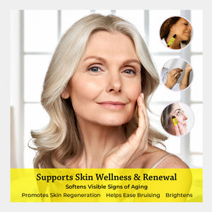 supports skin wellness & renewal softens visible signs of aging promotes skin regeneration helps ease bruising brightens