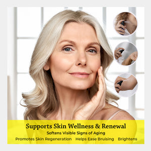 supports skin wellness & renewal softens visible signs of aging promotes skin regeneration helps ease bruising brightens