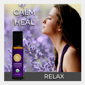 Lavender essential oil bottle with a woman smelling lavender flowers, labeled 'Calm', 'Heal', and 'Relax'. daily use aromatherapy topical skin care heal sun burn cut reduce pain inflammation sleep