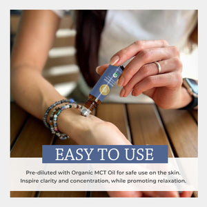 Person applying a small bottle of essential oil to their wrist with text about its use.easy safe application rubbing into skin pre-diluted fractionated coconut apply wrist temple
