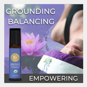 Roll-on bottle with a purple flower and text about grounding, balancing, and empowering. use tranquil clearing mind relaxed state present moment deepening awareness practice