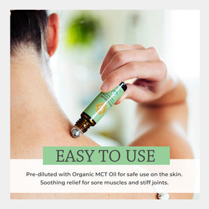Hand applying a roll-on bottle of organic product to a person's neck with text about its use and benefits. easy safe massage predilute application fractionated coconut fitness recovery physical training