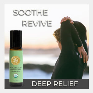Roll-on bottle with 'Soothe Revive' text and person stretching in the background use aromatherapy remedy minty cool skin warm body treating sore muscles inflammation spasm