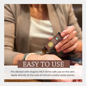 Person holding a bottle of essential oil with text about its use. diluted carrier oil fractionated coconut easy safe apply pulse points massage topically