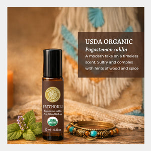 USDA organic pogostemon cablin a modern take on a timeless scent. sultry and complex with hints of wood and spice