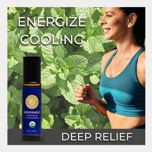 Woman in athletic wear with a peppermint oil bottle against a green leafy background. top use aromatherapy minty cooling soothes fatigued muscle tension improve focus concentration