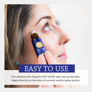 Woman applying a rollerball to her temple with text about easy use and organic MCT oil. safe applied skin topical hair stimulating follicles diluted fractionated coconut