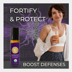 Woman holding a glass of juice next to a bottle labeled 'Protector' with text 'Fortify & Protect' and 'Boost Defenses'. use promote respiratory health clear airway legend based 4 thieves history ancient protective