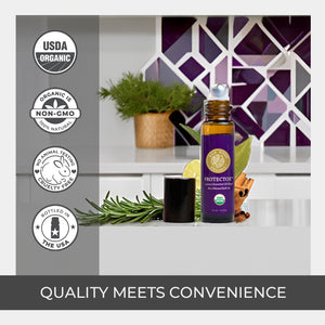 Bottle of Protector on a kitchen counter with organic and non-GMO labels. top selling convenience quality amber glass roll bottle non gmo pure custom recipe