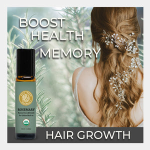 Rosemary hair growth product with a woman's hair and text about health, memory, and hair growth. benefit stimulate hair growth strengthen repair nourish condition feel healthy stimulate follicles