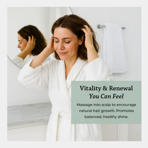 Vitality & Renewal you can feel. Massage into scalp to encourage natural hair growth. promotes balanced healthy shine