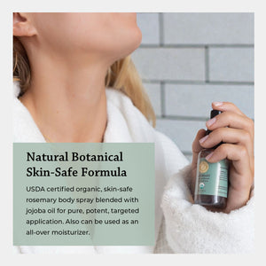 natural botanical skin-safe formula USDA certified organic rosemary body spray blended with jojoba oil for pure potent targeted application can be used as an all over moisturizer