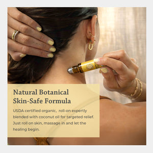 natural botanical skin safe formula USDA certified organic roll on expertly blended with coconut oil for targeted relief just roll on skin massage in and let the healing begin