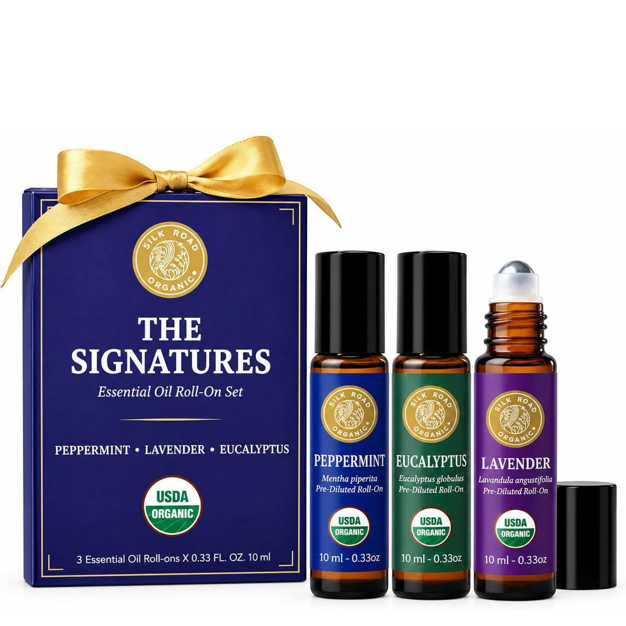 the signatures essential oil roll-on gift set box with gold bow and peppermint eucalyptus and lavender roll-ons