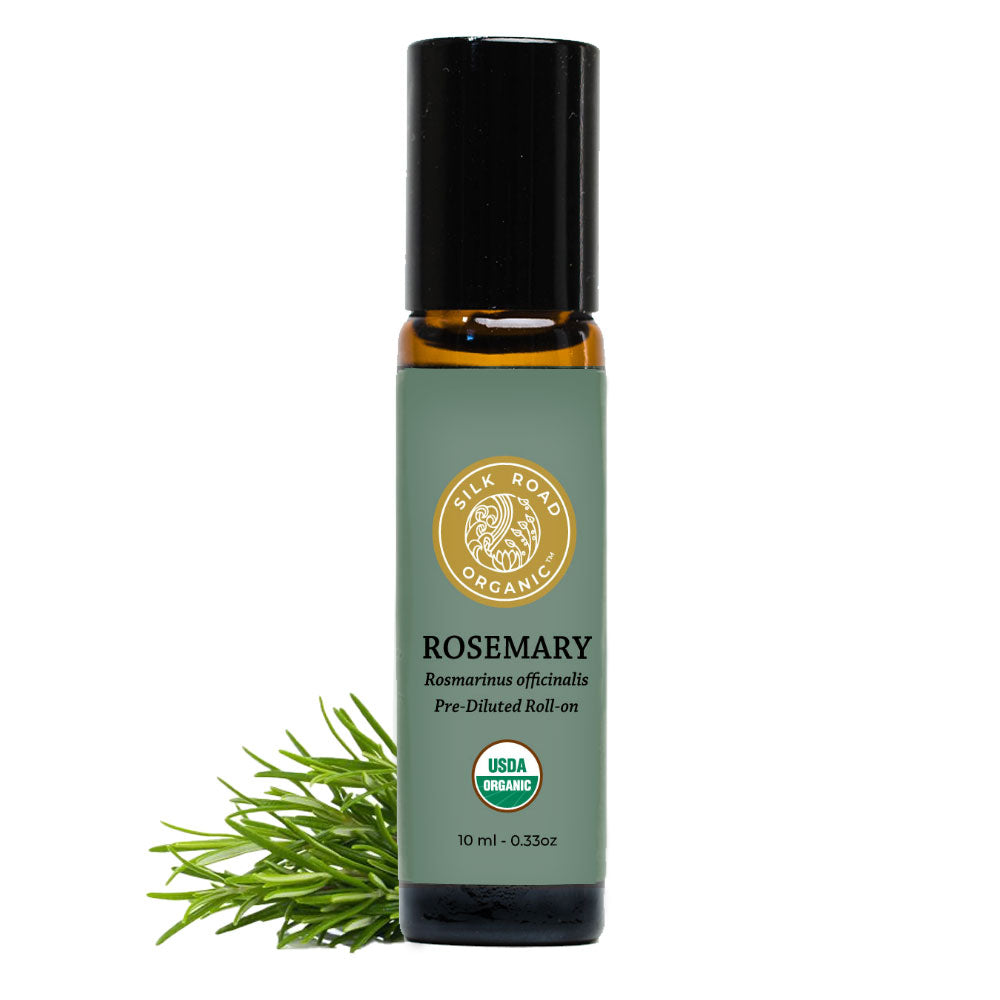 rosemary rosmarinus officinalis topical essential oil diluted jojoba roller bottle silk road organic