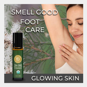 Tea tree oil bottle with a woman touching her arm, labeled 'Smell Good Foot Care' and 'Glowing Skin'. use support natural skin hair nail health foot care deodorant antimicrobial fungus