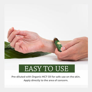 Person applying a green bottle of oil to their wrist with text about easy use and organic MCT oil. easy safe topical apply face fractionated coconut powerful yet gentle