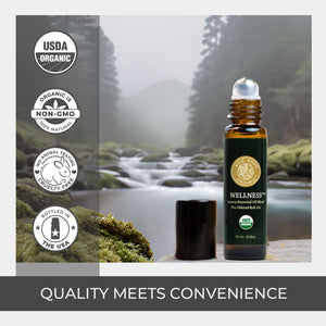 Wellness essential oil bottle with USDA Organic and Non-GMO labels against a natural background. premium quality sustainably sourced ingredient roller bottle amber glass